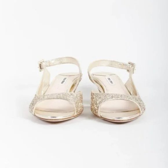 Miu Miu PF/15 Pirite Gold Glitter-Finished Twill Sandals - Picture 2 of 10